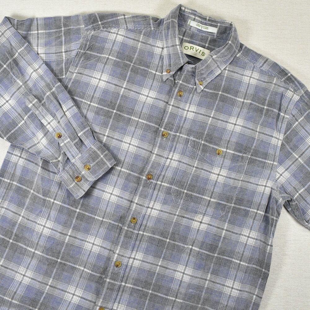 Orvis Mens Plaid Corduroy Button Down Shirt Large L/S Cotton Blue Gray Outdoor